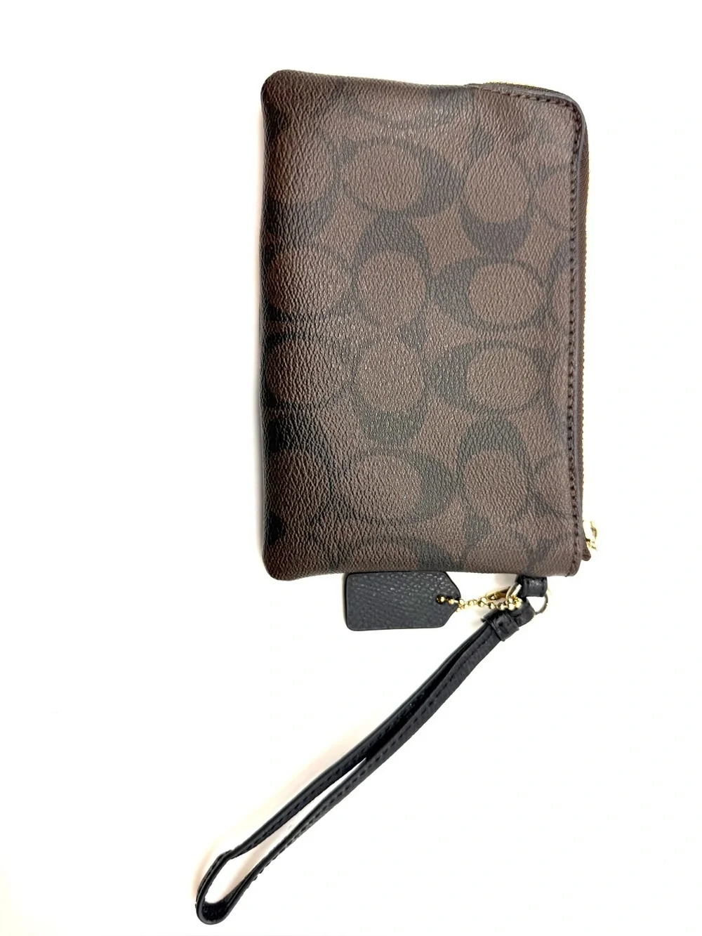 Coach Brown Signature Wristlet Coin Purse with Black Center Panel
